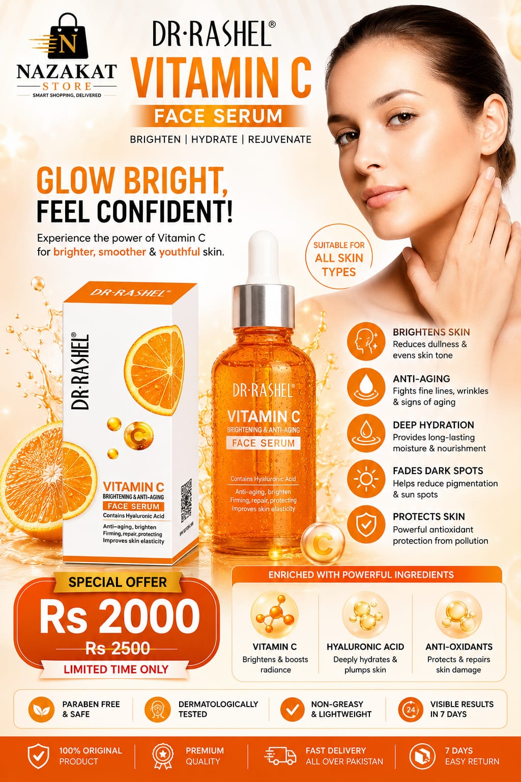 Dr. Rashel Vitamin C Brightening & Anti-Aging Face Serum | Skin Radiance & Wrinkle Repair Formula | 30ml | Imported