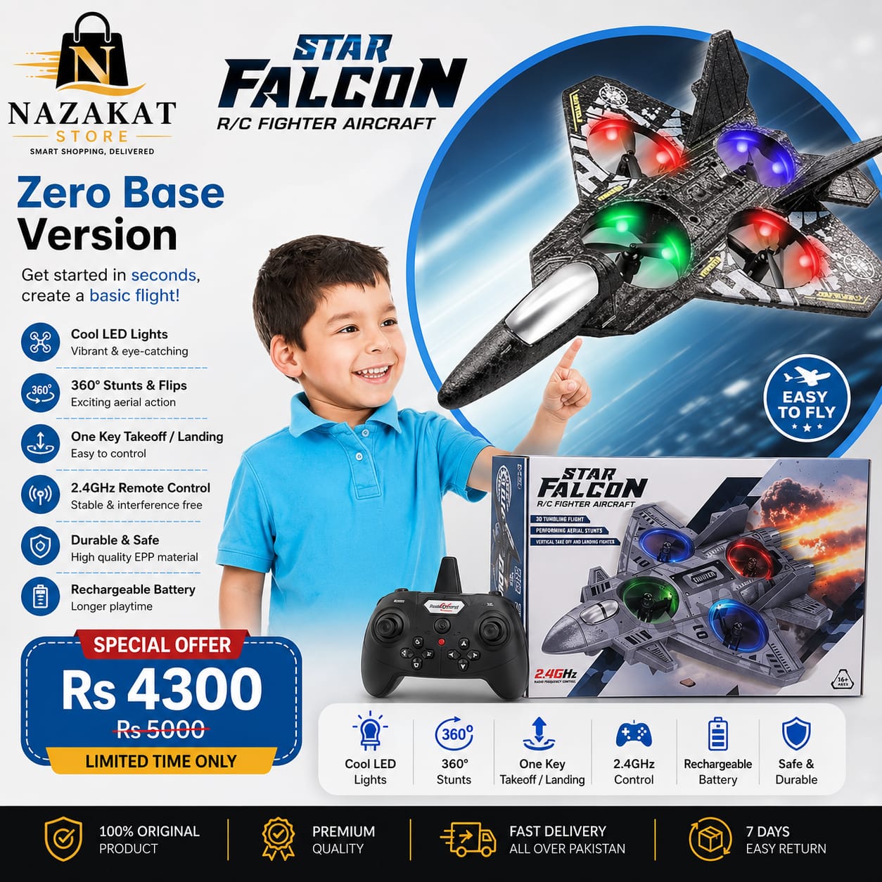 Premium RC Fighter Jet Plane 2.4 | Remote Control Foam Airplane Toy with Lights & 3D Stunt Glider